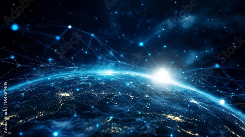 A global digital network encompassing planet Earth, with bright blue streams of light symbolizing connections and information exchange