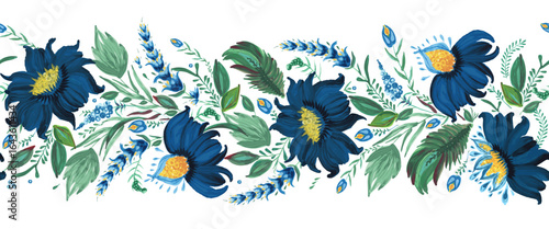 Floral vector seamless border pattern from fantasy blue flowers and green leaves on a white background