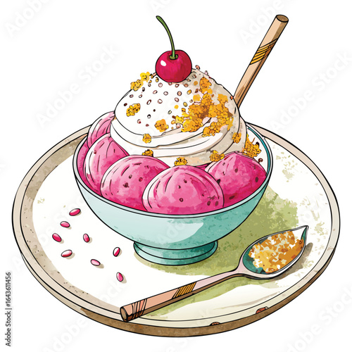A refreshing watercolor illustration of a delicious ice cream sundae topped with whipped cream a cherry and crunchy toppings served in a bowl