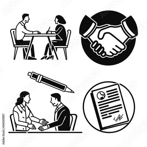 Business meeting icons showing handshake agreement contract signing and discussion between colleagues at a table