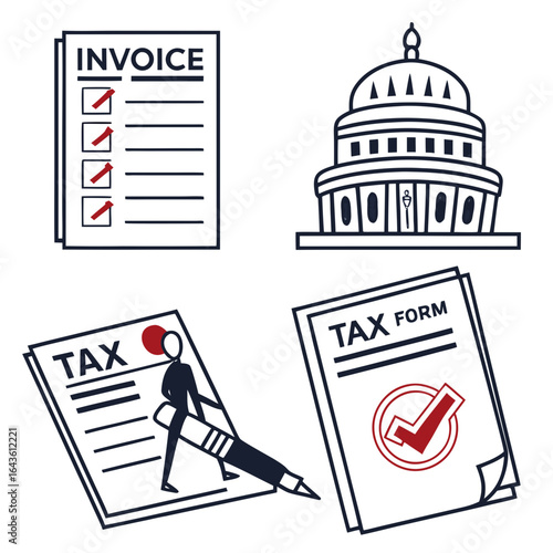 Financial and tax related icons featuring invoice capitol building tax form and person filing taxes