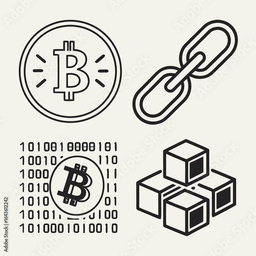 Digital currency icons representing bitcoin blockchain technology and binary code on a neutral background