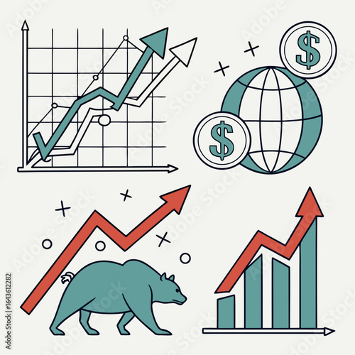 Financial market trends illustrated with upward trending graphs a globe with dollar coins and a bear market symbol signifying economic growth and investment