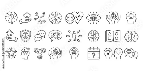Neurodiversity icons vector set. Line style icons of brains, puzzle pieces, infinity loop, sensory symbols, speech bubbles, fidget spinner, human head profiles representing neurodivergence.