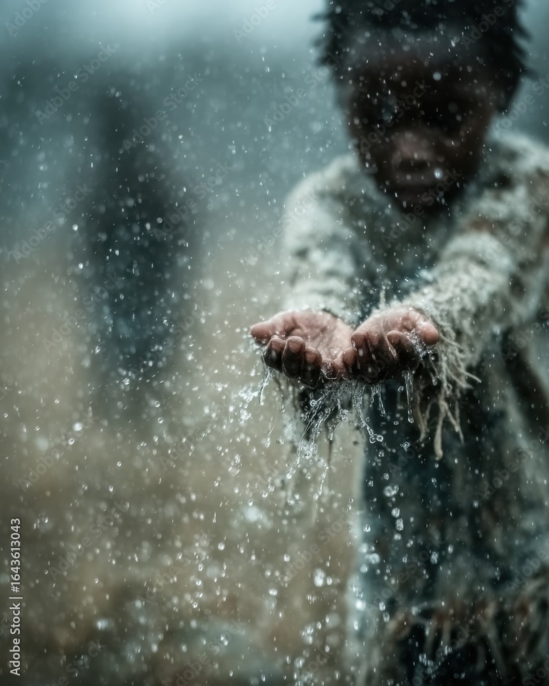 Fototapeta premium Slow motion capture of rain landing on open palms, child walking away