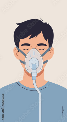 Young man wearing oxygen mask with eyes closed in calm setting  
