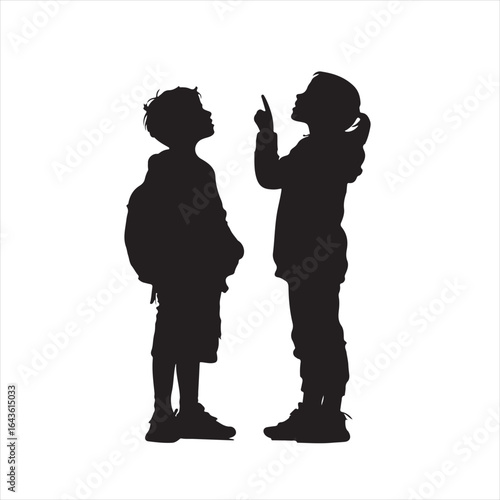 Black Silhouette of Kids Pointing Up – Vector Illustration