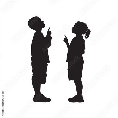 Kids Looking and Pointing Upward in Silhouette Style – Vector Illustration