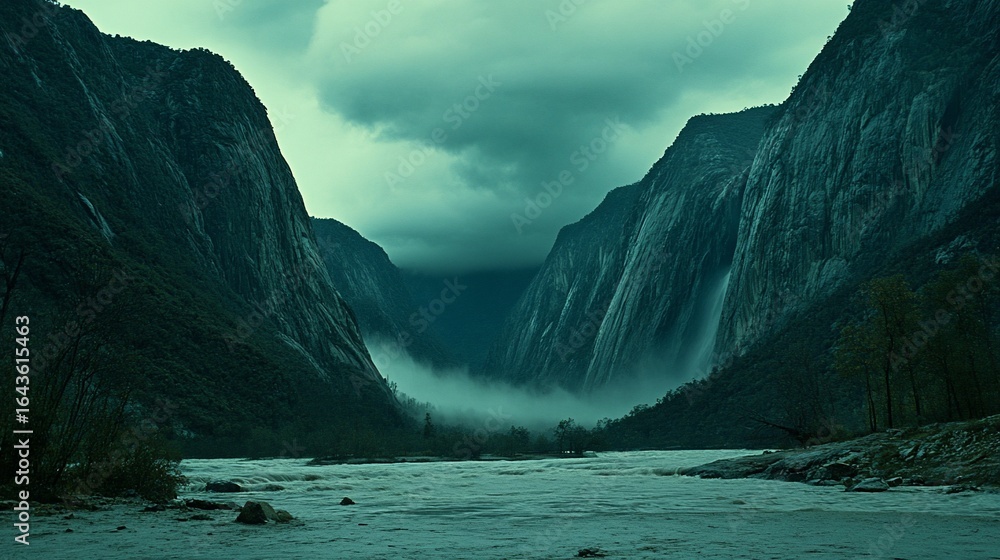 Fototapeta premium Misty mountain gorge with rushing river and waterfalls