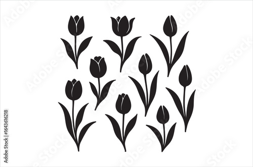 Set of tulip flower black silhouette vector art. Isolated on white background, illustration, Icon, Svg