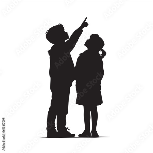 Boy and Girl Standing and Pointing Up in Silhouette – Vector Illustration