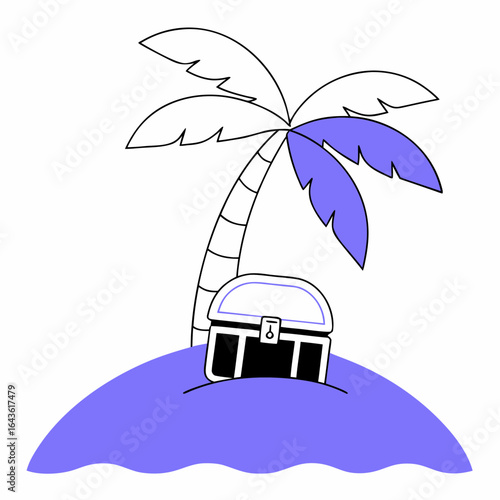 Cartoon treasure chest and palm tree on a small island in the ocean
