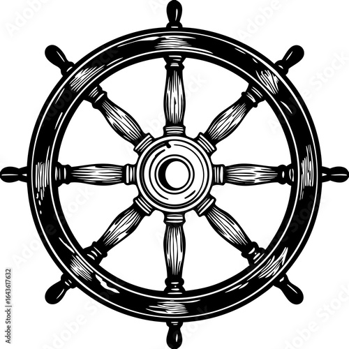 Classic black and white illustration of a ship s steering wheel with wooden spokes and handles