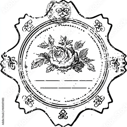 Ornate, vintage-style label with a rose design