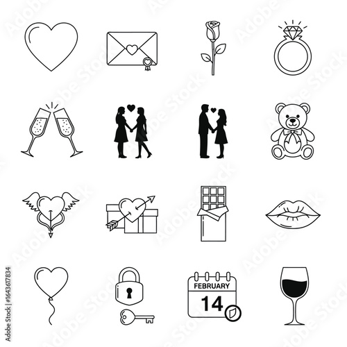 Valentine's Day Line Art Icon Set Love, Romance, Celebration 