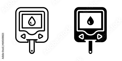 Glucometer icon set. Minimalist illustration of a glucometer device in line art style, with a blood drop symbol on the screen. Representing diabetes testing and blood sugar level monitoring.