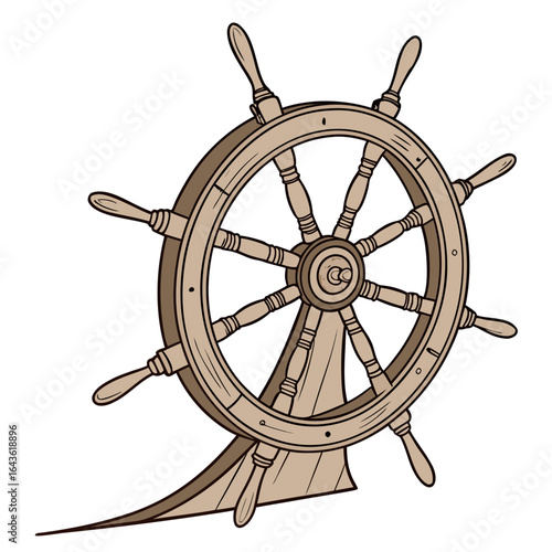 Vintage wooden ship steering wheel with a classic design and a white background