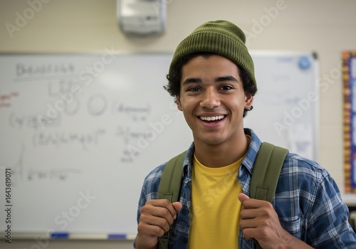 Radiant Smile of a Young Student in a Green Beanie in His Classroom