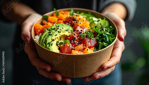 Close-up of hands holding a fresh Hawaiian poke bowl with salmon and avocado in a sustainable, biodegradable takeout container.