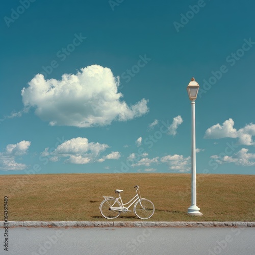 A white bicycle rests beside a lamppost on a grassy hill under a vibrant blue sky dotted with fluffy white clouds