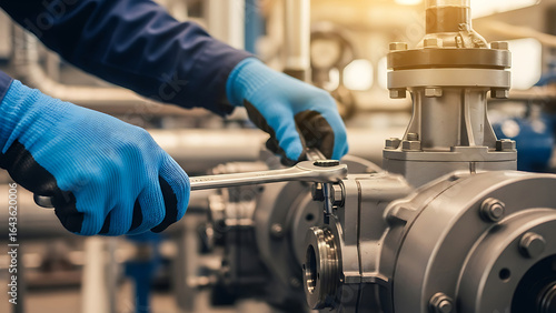 Industrial Maintenance: Gloved Hands Tightening a Flange Bolt with a Wrench