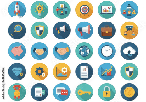 Set of Colorful Business and Financial Icons Representing Growth, Success, and Strategy
