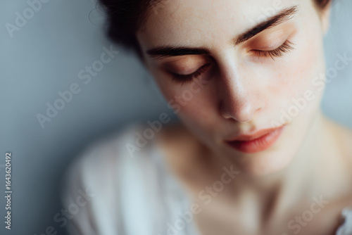 closeup of woman face with closed eyes during breathing practice embodying tranquility