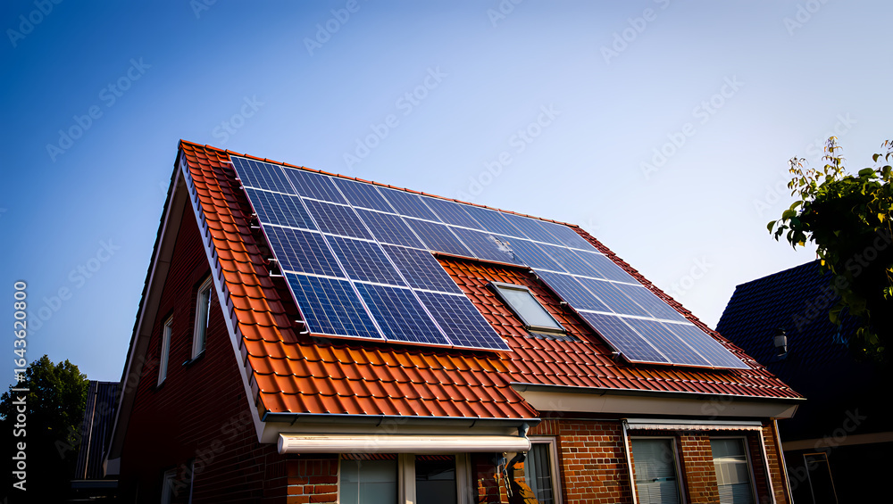 Fototapeta premium Modern Solar Panels on the Red Tiled Roof of a Brick House on a Sunny Day