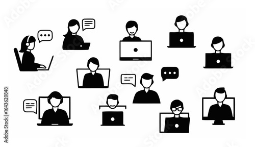 Minimalist Video Conference Call Silhouettes - Tech Communication Vector Icon