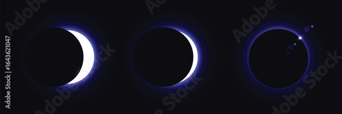 Different phases of solar eclipse. Iridescent round aura eclipse. Blue planet glow background. Sun or moon total eclipse in dark space. Star aurora flare with sparkles and sparkles effects.