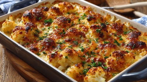 A tray with baked cauliflower au gratin