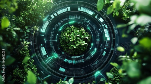 Futuristic Circular Interface Surrounded by Lush Green Foliage