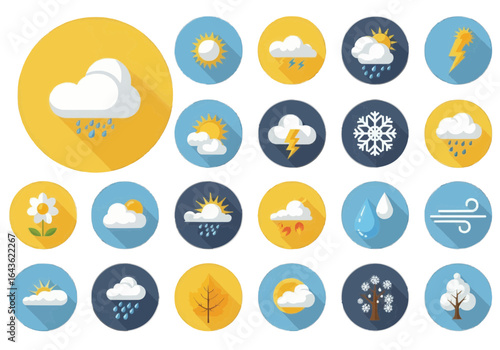 Collection of flat weather icons representing various meteorological conditions and phenomena