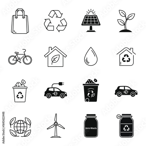 The concept of sustainable living a collection of essential environmental and eco-friendly icons.
