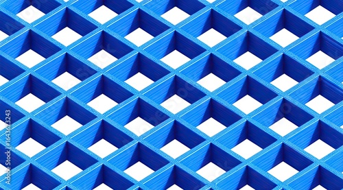 Close-up of a vibrant blue plastic grid pattern with square openings, exhibiting a repetitive geometric design against a stark white background