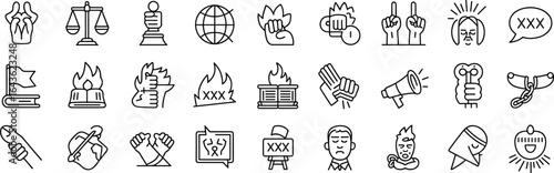 Collection of protest and social justice icons in outline style demonstration activism