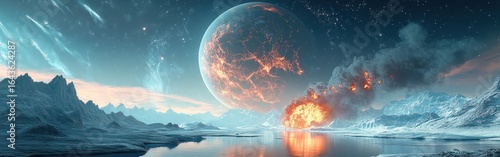 A fiery planet rising over an icy, alien landscape