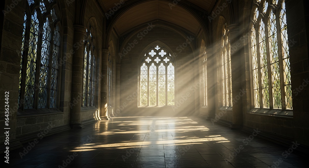 Obraz premium Gothic hallway with sunbeams streaming through window