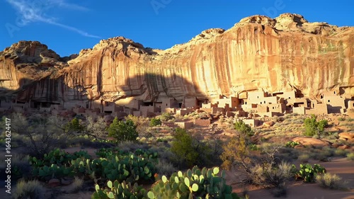 Ancient Puebloan cliff dwellings are illuminated by golden light at the base of a massive sandstone cliff.