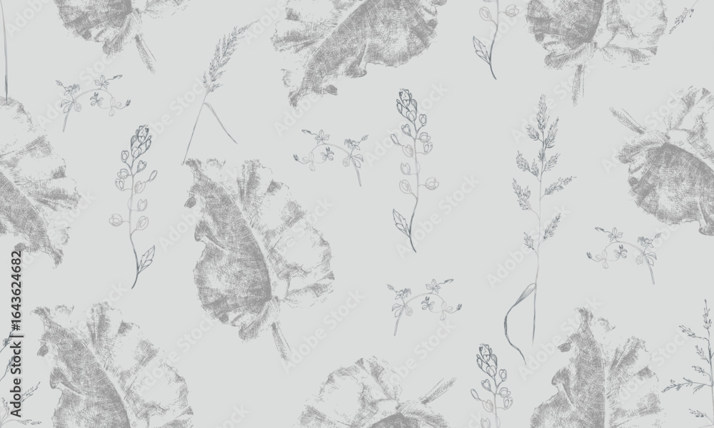 Fototapeta premium Seamless floral pattern. Burdock leaves and wildflowers on a gray background. It can be used to create wallpaper, packaging, and fabrics.