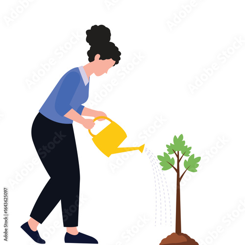 Gardener woman caring for a small tree with watering pot vector illustration.