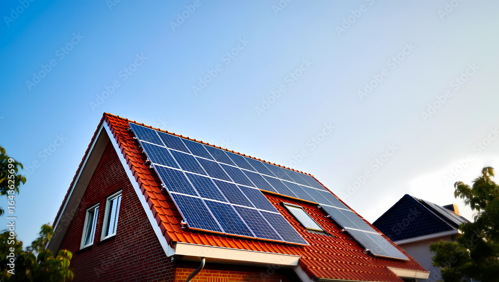 Fototapeta premium Modern Solar Panels on the Red Tiled Roof of a Brick House on a Sunny Day