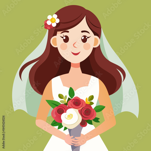 Happy bride holding a beautiful bouquet of flowers in a wedding dress