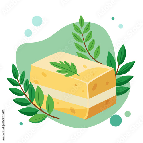 Natural soap bar adorned with fresh herbs on a green background