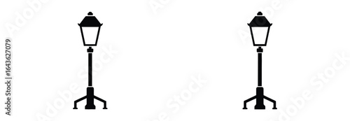 Vector art of two identical black street lamps isolated on white background, standing side by side, evoking a sense of classic urban charm and providing a symmetrical visual appeal
