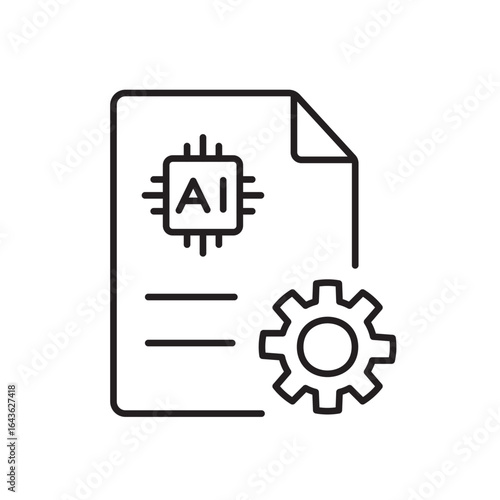 A vector icon of a document with a gear and AI chip, representing automated billing processes powered by artificial intelligence, created in line style with editable stroke