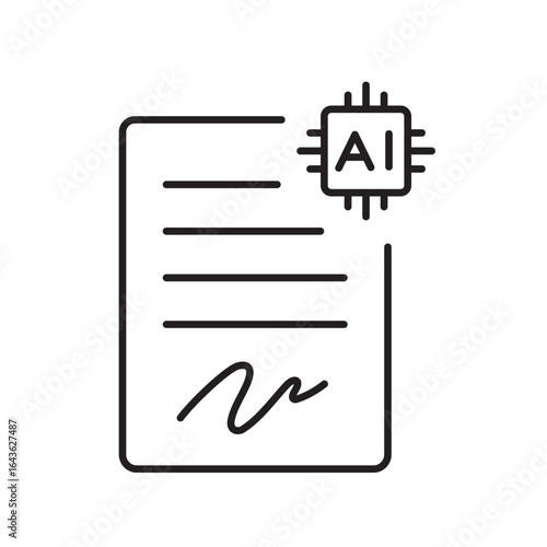 A vector icon of a digital signature on a report with AI chip, representing smart signing and document validation with artificial intelligence, created in line style with editable stroke