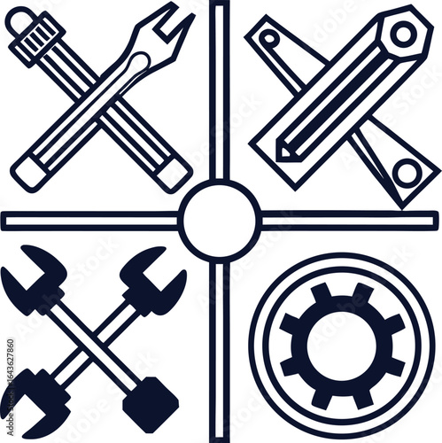 Set of mechanical tools and gears arranged in a cross shape isolated on white background