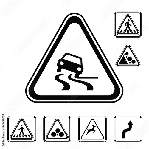 Road Hazard Signs Slippery Surface, Pedestrians, Falling Rocks & Curves