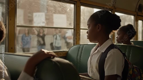 A young african american girl on a school bus looks out the window at a protest during the civil rights movement a powerful historical image of segregation